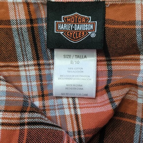 Harley Davidson-Boy's Orange plaid - long sleeve- button up shirt- size 8/10 - Picture 4 of 4